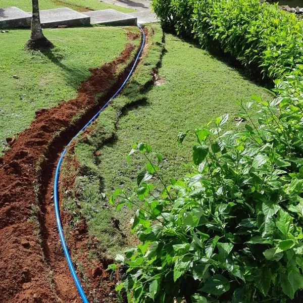 New blue waterline laid in a narrow trench across a green lawn